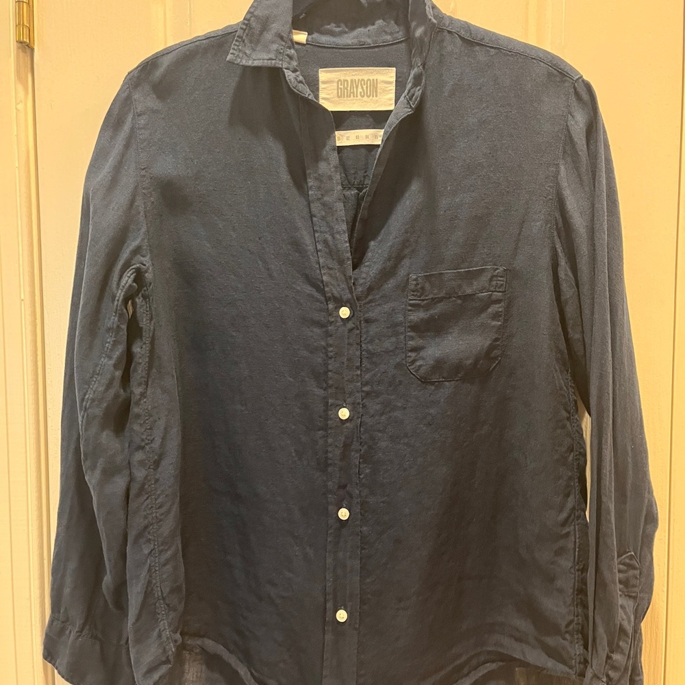Grayson Navy Blue 100% Linen Button Down Shirt